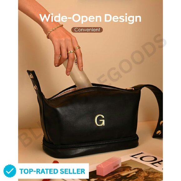 Large Waterproof PU Leather Makeup Bag Double Layer Travel Organizer Chic - Picture 3 of 4